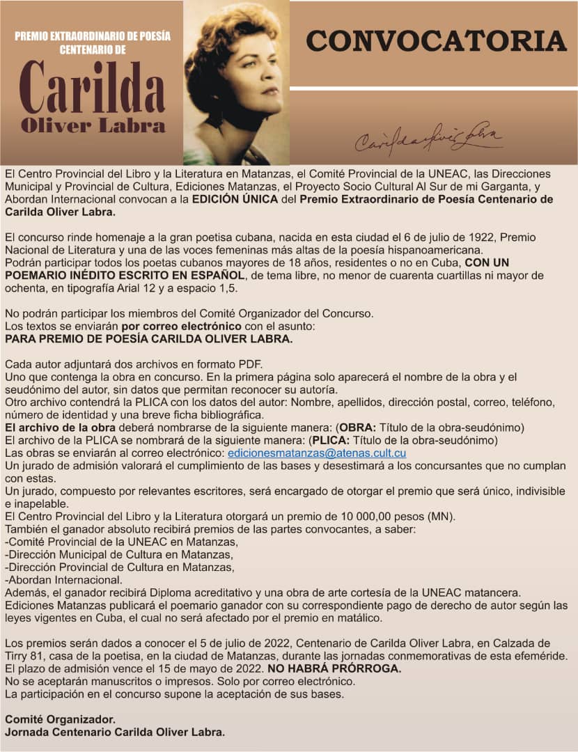 Convocatoria al Premio Extraordinario de poesía Carilda Oliver Labra convocatoria-al-premio-extraordinario-de-poesia-carilda-oliver-labra